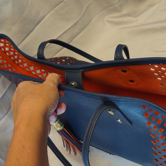 Big Buddha Navy/Orange Perforated Vegan Leather Tote - Picture 5 of 16